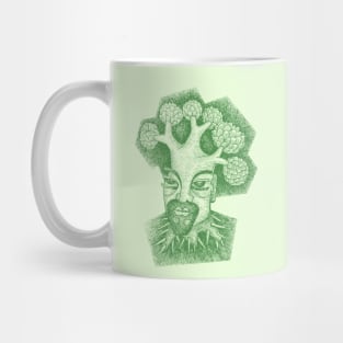 Forest God Soul Expression with Side Profile of a Man and His Head with Leafy Tree Branches Hand Drawn Illustration with Pen and Ink Cross Hatching Technique 3 Mug